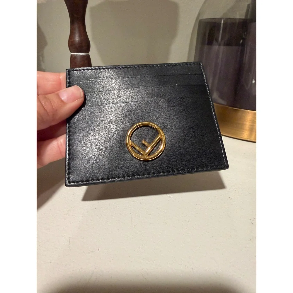 Fendi Roma Black Leather Card Holder Gold F is Fendi Logo Made in Italy Wallet